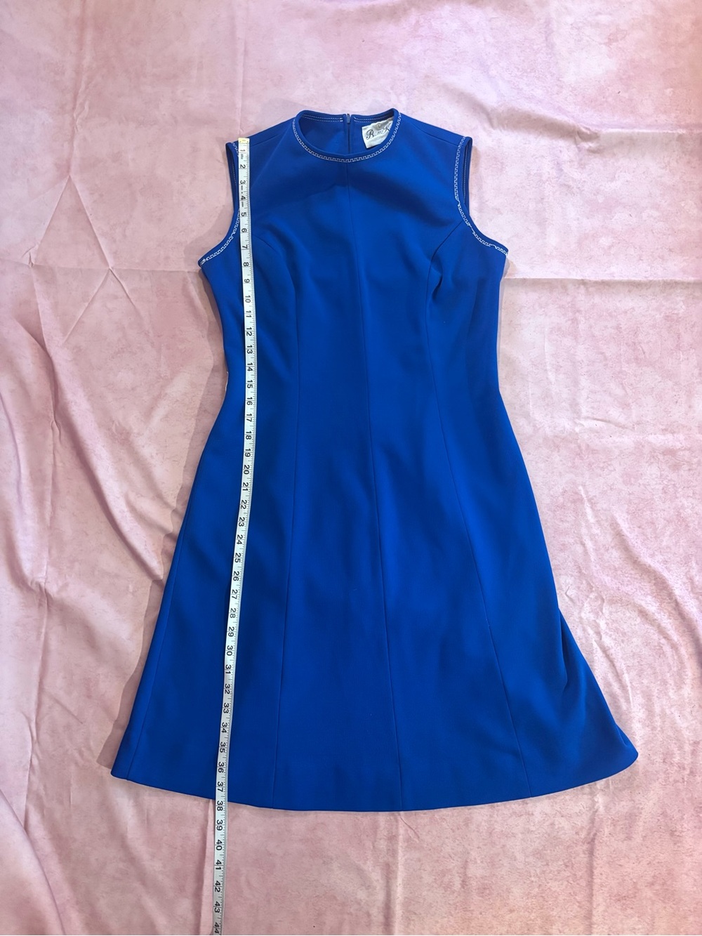 Vintage 60s 70s Butte Knit Royal Blue Mod Fit & Flare Dress Sleeveless Trim M/L - Picture 13 of 16